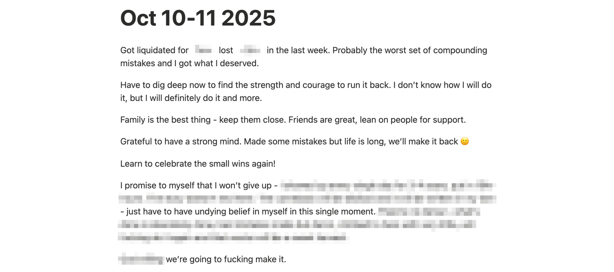 Personal journal entry from October 10–11, 2025, with portions redacted.